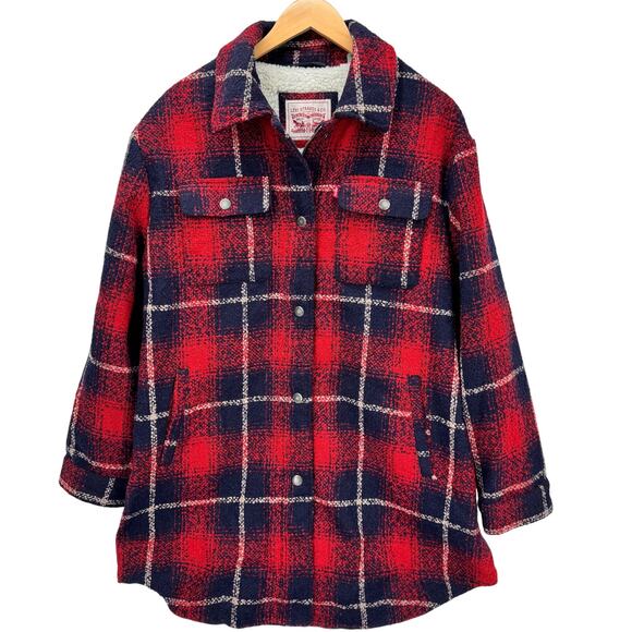 Levi's Coat Womens 2X Red Blue Plaid Sherpa Lined Full Zip + Snap + Pockets - Picture 1 of 10